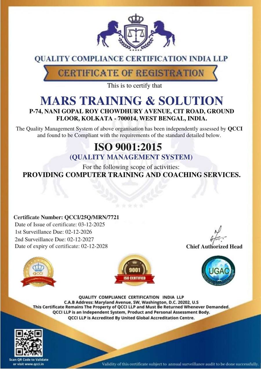 ISO 9001:2015 certificate of MARS Training & Solution